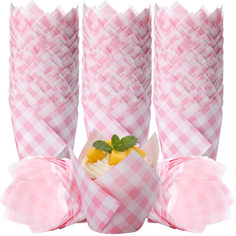 Maxdot 200 Pcs Pink Gingham Tulip Cupcake Liners for Baking Plaid Paper Muffin Baking Cups Checkered Tulip Muffin Liners Wrappers for Bridal Baby Shower Wedding Birthday Party Decor - Image 1
