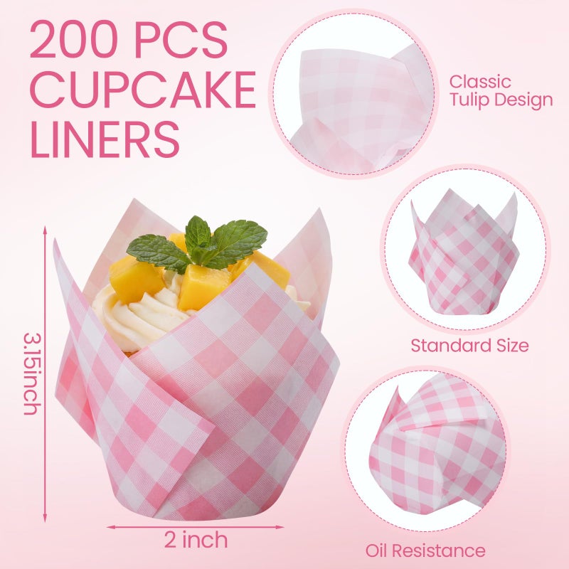 Maxdot 200 Pcs Pink Gingham Tulip Cupcake Liners for Baking Plaid Paper Muffin Baking Cups Checkered Tulip Muffin Liners Wrappers for Bridal Baby Shower Wedding Birthday Party Decor - Image 2