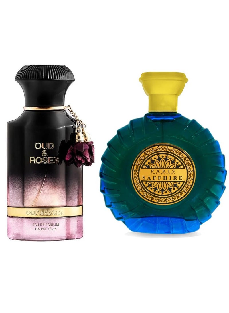 Paris Collection Ahmed Al Maghribi Oud & Roses EDP 60ml + Paris Collection Saffhire EDP 100ml – Luxury Perfume Bundle - Image 1