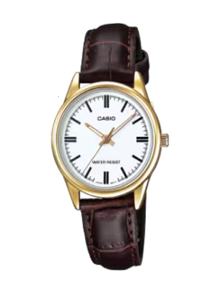ساعة كاسيو النسائية التناظرية الجلدية LTP-V005GL-7AUDF | ميناء أبيض، هيكل ذهبي اللون، حزام جلدي أصلي، وعرض التاريخ
