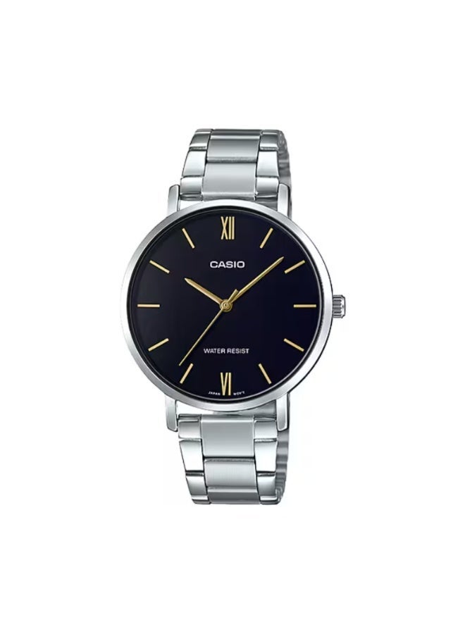 كاسيو ساعة كاسيو LTP-VT01D-1B للنساء – سوار ستانلس ستيل فضي مع قرص أسود بسيط - Image 1