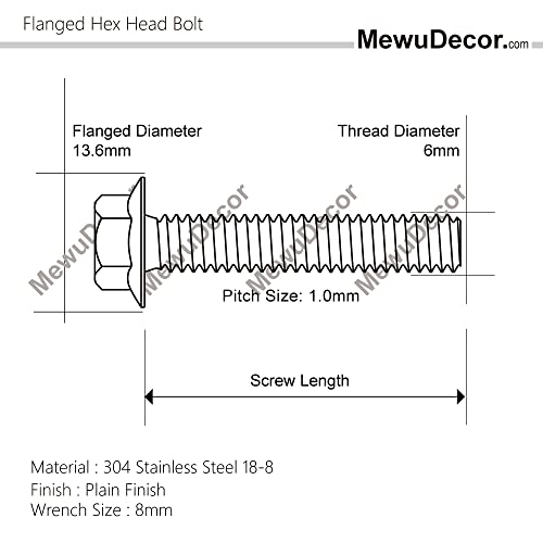 MewuDecor M6-1.0 x 20mm Flanged Hex Head Bolts Flange Hexagon Screws, Stainless Steel 18-8 (304), Plain Finish, 25 PCS - Image 2