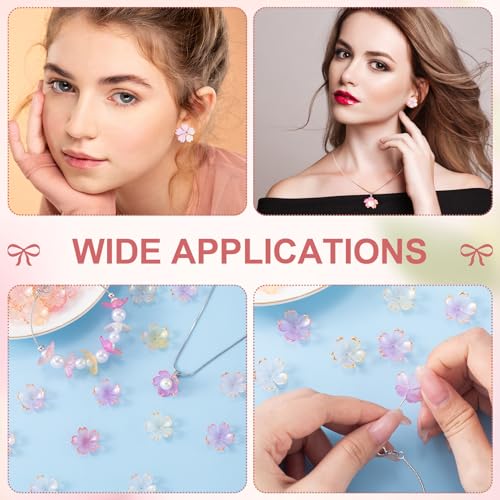 CustomyLife 100Pcs Pink Gradient Cherry Blossom Beads, 5-Petal Acrylic Flower Beads, Gold-Plated Mini Spacer Beads Charms Halloween Christmas for Bracelets Jewelry Making - Image 4