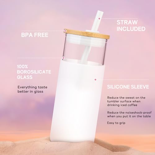 Tronco 20 oz Glass Tumbler with Lid and Straw, Iced Coffee Cup and Smoothie Cup with Bamboo Lids & Protective Silicone Sleeve, Dishwasher Safe, BPA-Free, Glass Cup 1 Pack - Image 2