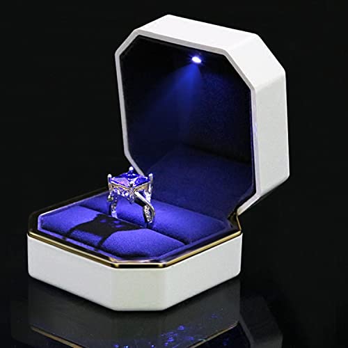 AVESON Luxury Ring Box, Square Velvet Wedding Ring Case Jewelry Gift Box with LED Light for Proposal Engagement Wedding, White - Image 5