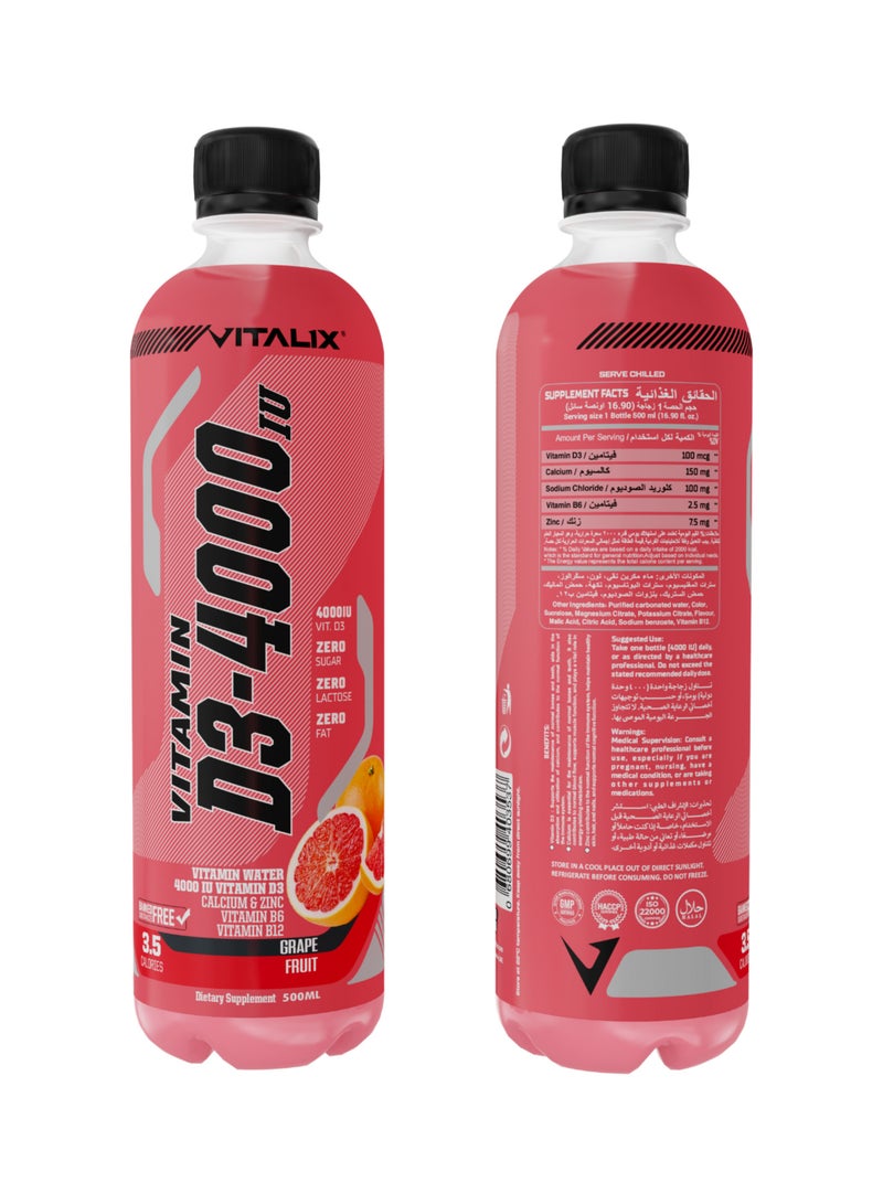 فيتاليكس فيتامين D3-4000 ماء فيتامين- نكهة الجريب فروت خالٍ من السكر، مع الكالسيوم والزنك، 500 مل، عبوة من 12 قارورة - Image 2