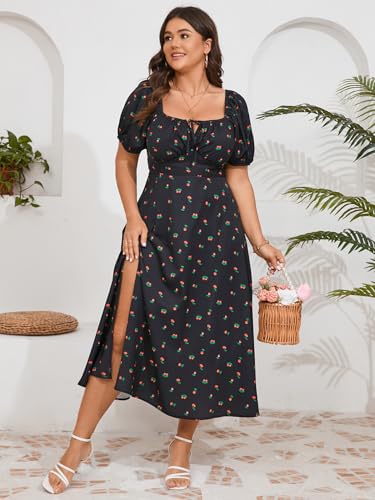 SCOMCHIC Women's Plus Size Summer Milkmaid Dress Short Sleeve Square Neck Tie Front Split A-Line Maxi Milk Maid Dress Black Floral - Image 2