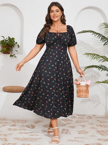 SCOMCHIC Women's Plus Size Summer Milkmaid Dress Short Sleeve Square Neck Tie Front Split A-Line Maxi Milk Maid Dress Black Floral - Image 3
