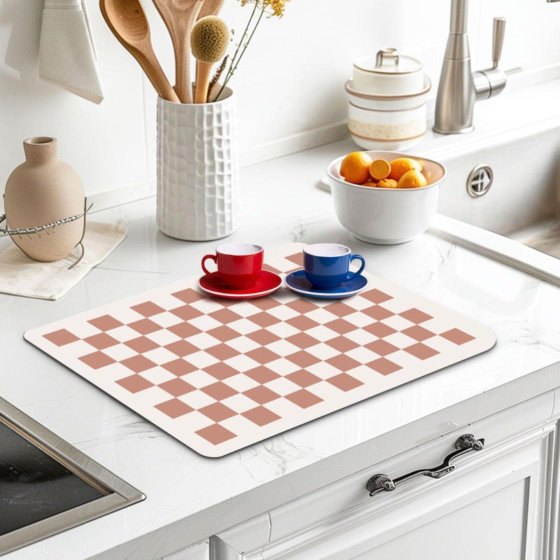 Clinuse Coffee Mats, 24"x16" Checkered Dish Drying Mat for Kitchen Counter, Quick Dry Mat, Diatomite Absorbent Aesthetic Large Drying Mats for Coffee Bar - Beige - Image 3