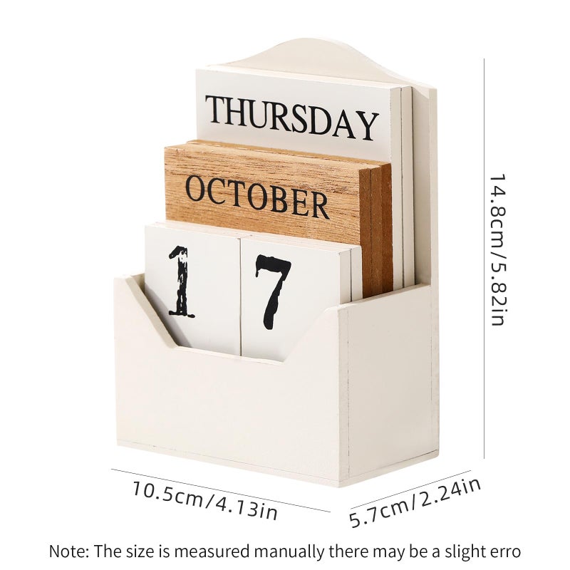 Aovdy Perpetual Calendar Wooden Blocks Calendar for Home Office Desk Date Week Month Accessories (Vintage White Calendar) - Image 2