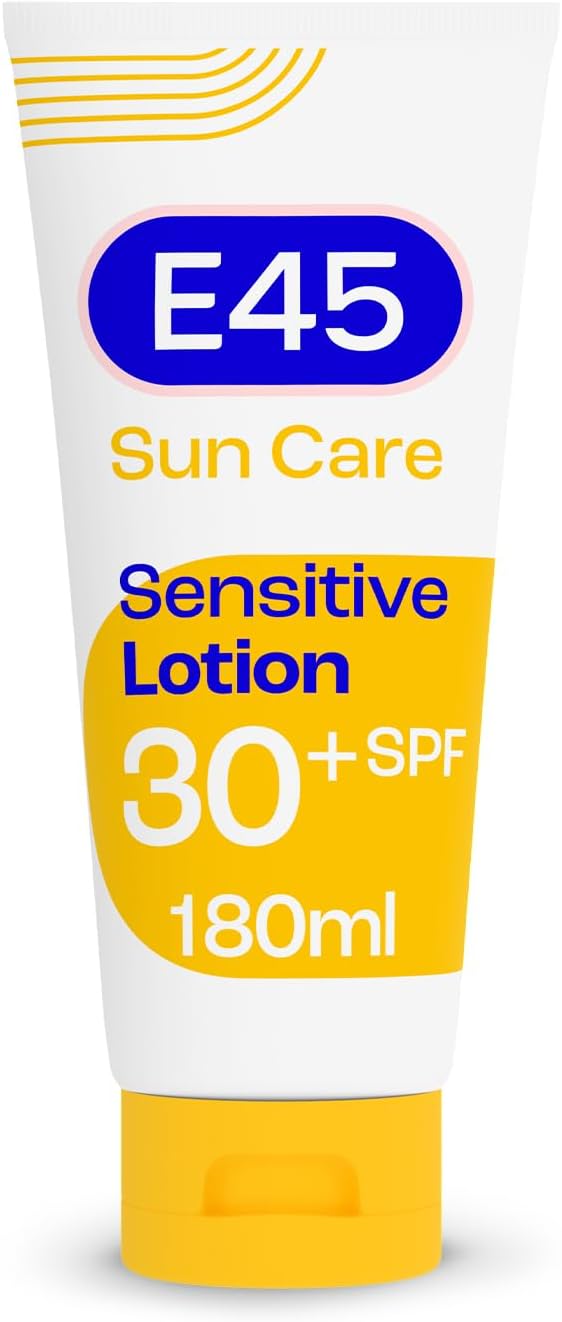كريم الشمس E45 SPF30 الحساس مع فيتامين E حماية من UVA و UVB خالي من العطور ومختبر جلدياً لوشن الشمس للجسم مناسب للبشرة الجافة والحساسة والمعرضة للإكزيما 180 مل
