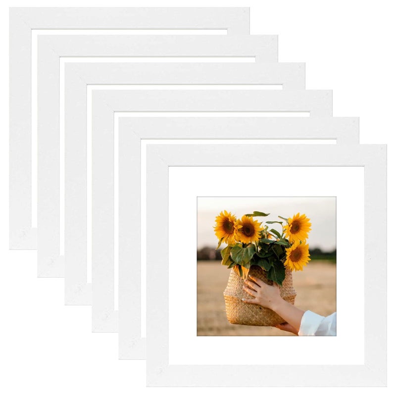 Vmuzeder 8x8 إطار صورة ريفي أبيض خشب مجموعة من 6 صور عرض 5 × 5 مع حصيرة أو 8x8 بدون حصيرة إطارات الصور المتعددة للجدار أو عرض الطاولة - Image 1