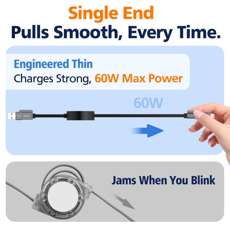 AGVEE 0.3ft Fixed / 2.3ft Extend 4 in 1 Multi USB Charger Cable Mountable One Way Retractable 60W Fast Charging Cord, Pocket-Sized for iPhone 16 15 14 13 12 11, Samsung, Android, Desk Organizer, Black - Image 5