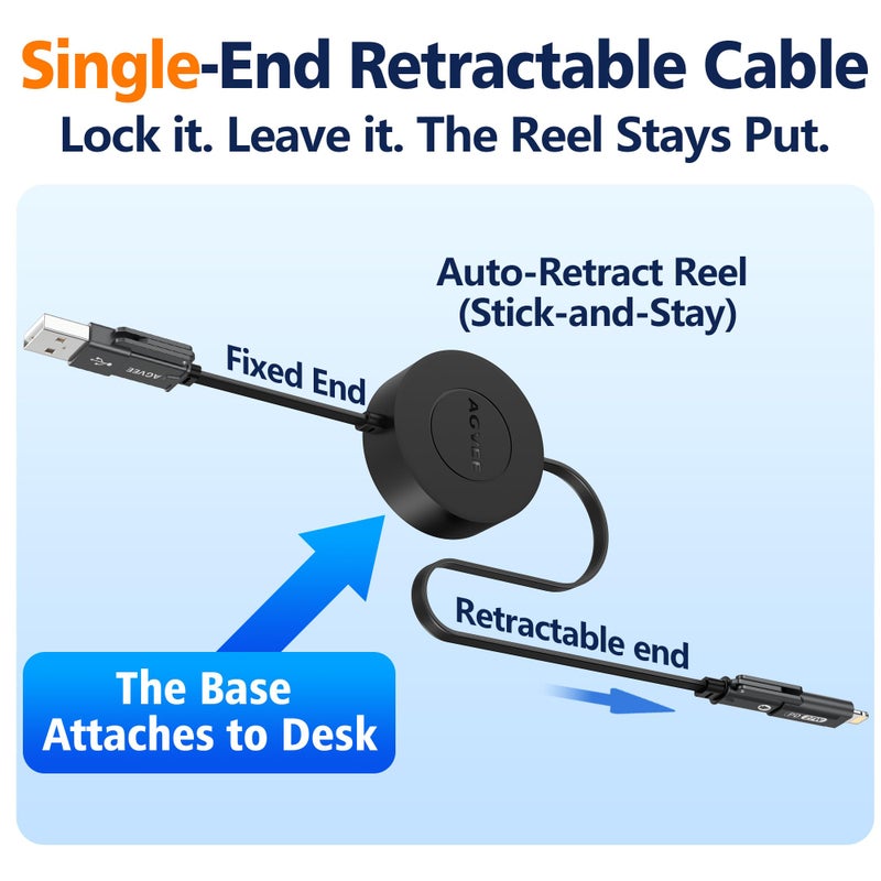 AGVEE 0.3ft Fixed / 2.3ft Extend 4 in 1 Multi USB Charger Cable Mountable One Way Retractable 60W Fast Charging Cord, Pocket-Sized for iPhone 16 15 14 13 12 11, Samsung, Android, Desk Organizer, Black - Image 2