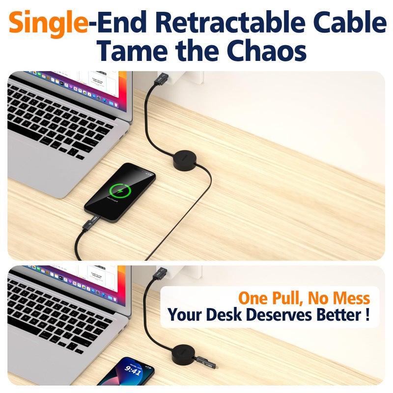 AGVEE 0.3ft Fixed / 2.3ft Extend 4 in 1 Multi USB Charger Cable Mountable One Way Retractable 60W Fast Charging Cord, Pocket-Sized for iPhone 16 15 14 13 12 11, Samsung, Android, Desk Organizer, Black - Image 3