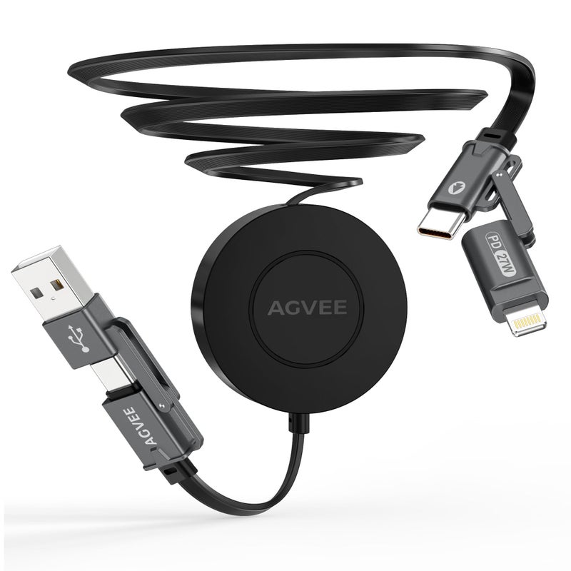 AGVEE 0.3ft Fixed / 2.3ft Extend 4 in 1 Multi USB Charger Cable Mountable One Way Retractable 60W Fast Charging Cord, Pocket-Sized for iPhone 16 15 14 13 12 11, Samsung, Android, Desk Organizer, Black - Image 1