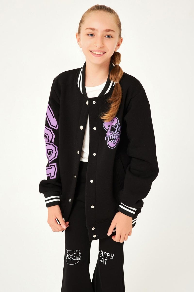 Perendi 1992 Printed Detailed Girls College Jacket Black  - Image 5