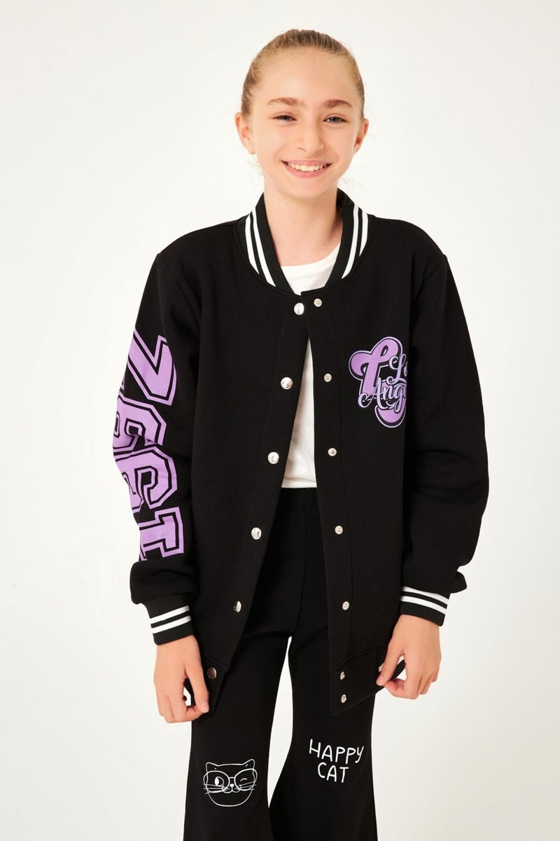 Perendi 1992 Printed Detailed Girls College Jacket Black  - Image 2