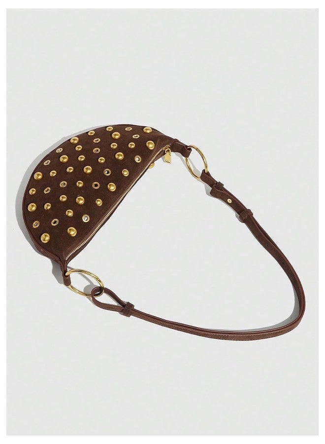 MakeMeChic Women's Rivet PU Leather Zipper Punk Saddle Bag Shoulder Handbags Purse Coffee Brown One Size - Image 5