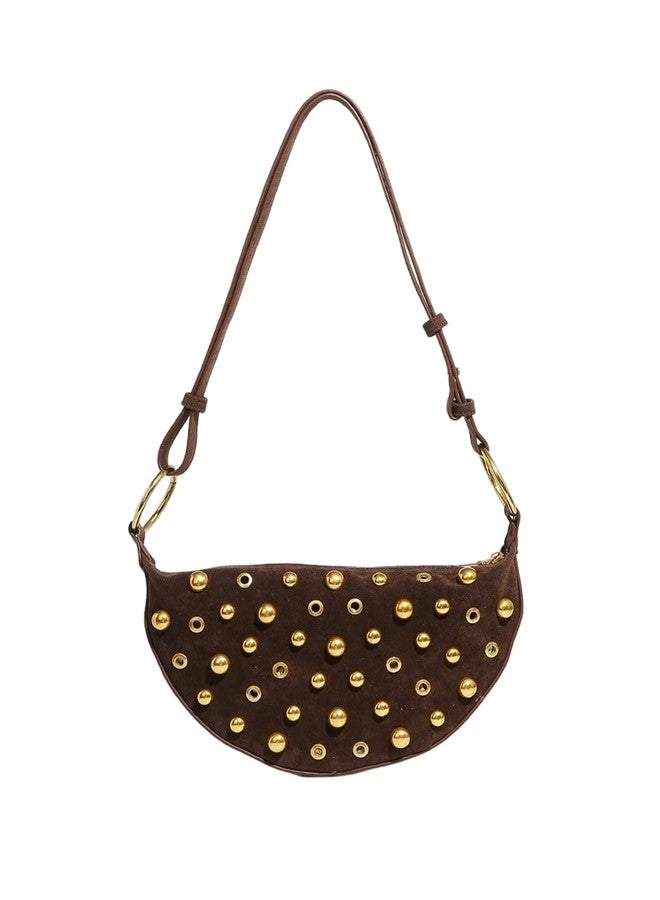 MakeMeChic Women's Rivet PU Leather Zipper Punk Saddle Bag Shoulder Handbags Purse Coffee Brown One Size - Image 1