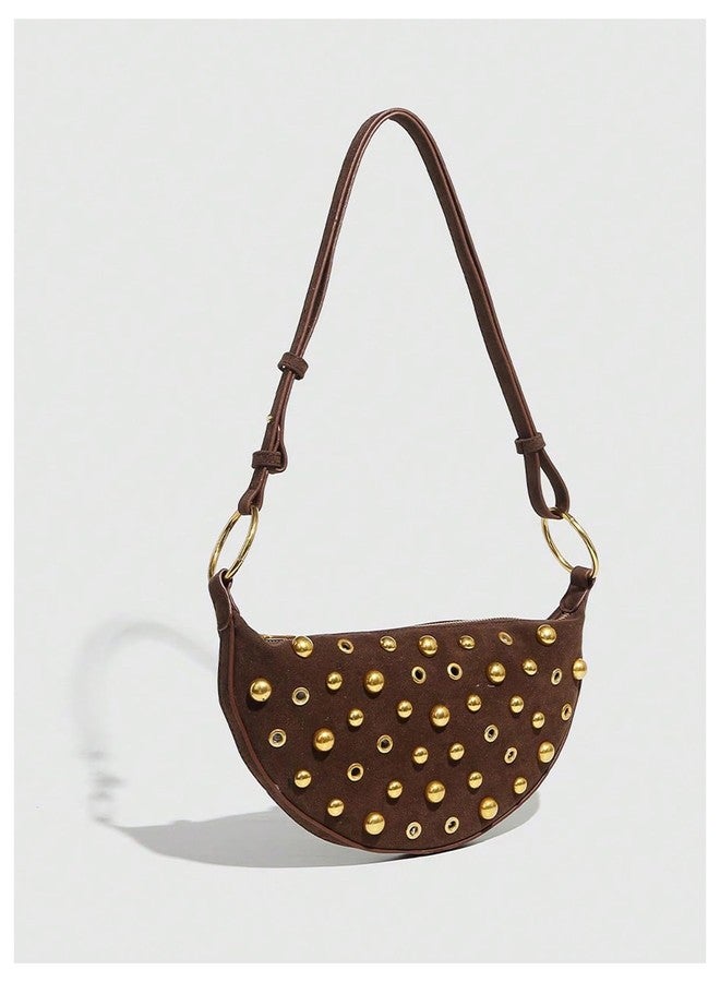 MakeMeChic Women's Rivet PU Leather Zipper Punk Saddle Bag Shoulder Handbags Purse Coffee Brown One Size - Image 2