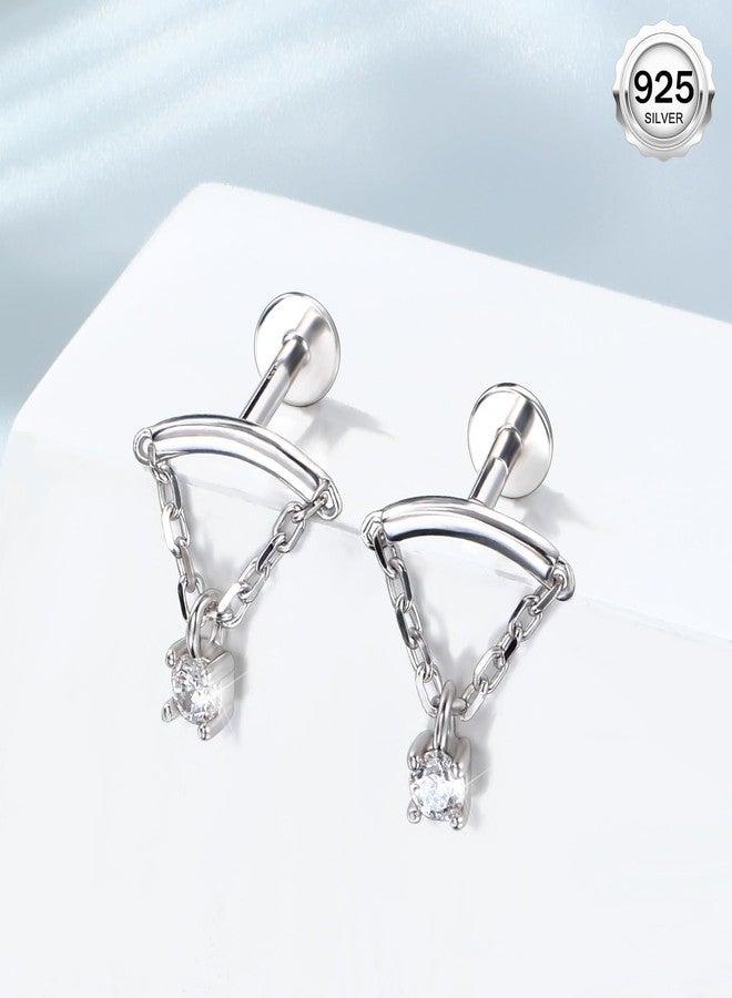 Melighting Sterling Silver 925 Cartilage Earring Chain Helix Earring Internally Threaded 16G Silver Dangle Tragus Piercing Jewelry for Women Silver Flat Back Earring 8mm Clear CZ - Image 3