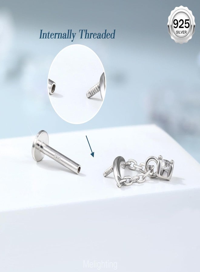 Melighting Sterling Silver 925 Cartilage Earring Chain Helix Earring Internally Threaded 16G Silver Dangle Tragus Piercing Jewelry for Women Silver Flat Back Earring 8mm Clear CZ - Image 4
