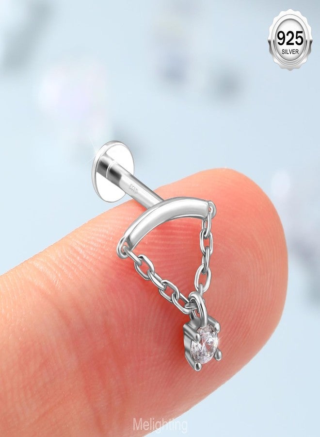 Melighting Sterling Silver 925 Cartilage Earring Chain Helix Earring Internally Threaded 16G Silver Dangle Tragus Piercing Jewelry for Women Silver Flat Back Earring 8mm Clear CZ - Image 2