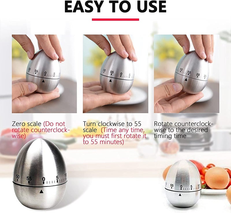 bosig Egg Kitchen Timer Cute Manual Mechanical Kitchen Timer Stainless Steel Egg Shaped Mechanical Rotating Alarm with 60 Minutes for Cooking Multicolour - Image 3