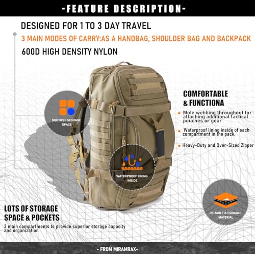 Miramrax Gym Bag Duffle Bags Backpack - Travel Weekender Bag for Men Women Workout Bag for Military,Sports,Overnight,Basketball,Tactical,Football,Waterproof & Tear Resistant (Coyote, 45l) - Image 4