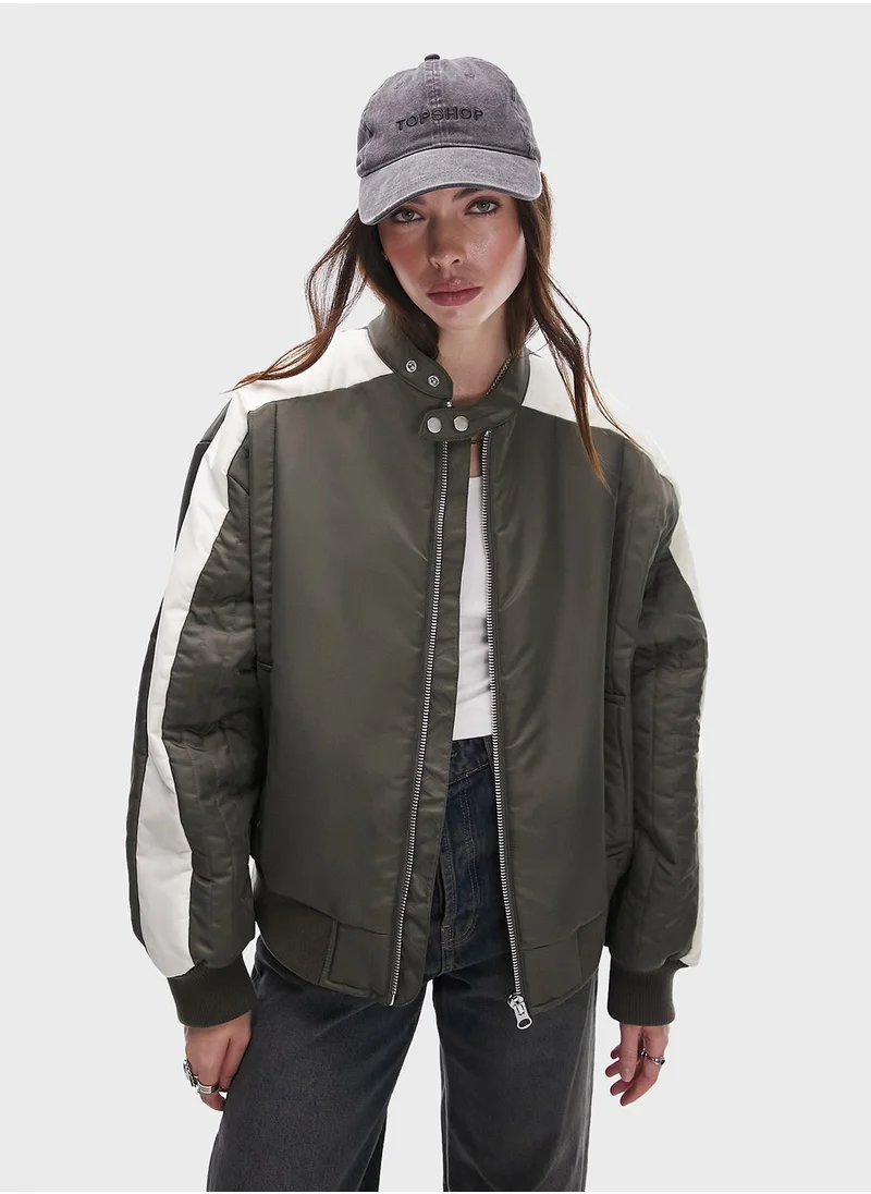 TOPSHOP Topshop nylon moto bomber jacket in green - MGREEN