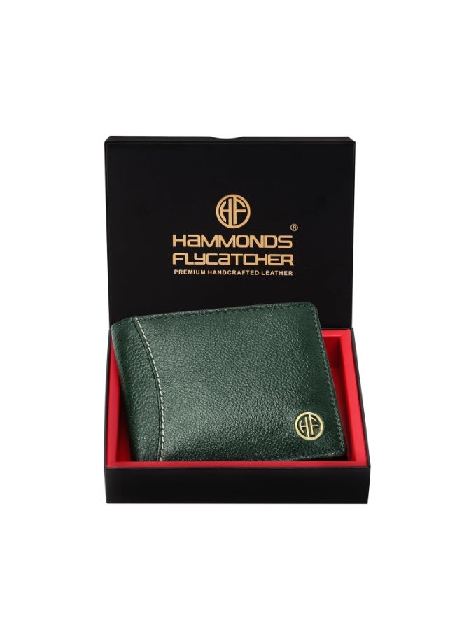  هاموندز فلاي كاتشر محفظة جلدية أصلية ثنائية الطي للرجال، مزودة بتقنية الحماية من تحديد الهوية بموجات الراديو (RFID)، محفظة رجالية، محافظ جلدية للرجال، محفظة أنيقة بستة فتحات للبطاقات، وفتحة واحدة لبطاقة الهوية، وجيب للعملات المعدنية، هدية مثالية للرجال - أخضر - Image 1