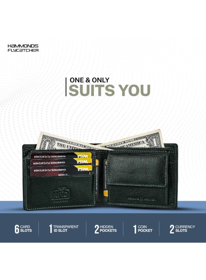 هاموندز فلاي كاتشر محفظة جلدية أصلية ثنائية الطي للرجال، مزودة بتقنية الحماية من تحديد الهوية بموجات الراديو (RFID)، محفظة رجالية، محافظ جلدية للرجال، محفظة أنيقة بستة فتحات للبطاقات، وفتحة واحدة لبطاقة الهوية، وجيب للعملات المعدنية، هدية مثالية للرجال - أخضر - Image 3