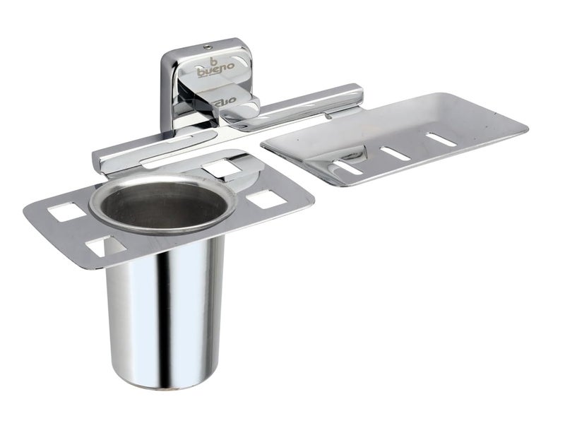 Bueno Stainless Steel 2 in 1 Soap Dish with Tumbler Holder Soap Holder Bathroom Accessories Nano Chrome - Image 1