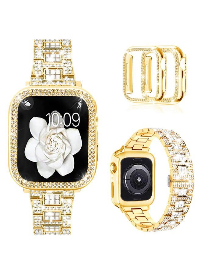 Mosonio Compatible with Apple Watch Band Series 9/8/7 41mm with Case Women, Bling Metal Wristband Strap with 2 Pack Bling PC Protective Cover for iWatch 41mm Series 9/8/7(41mm, Gold) - Image 1