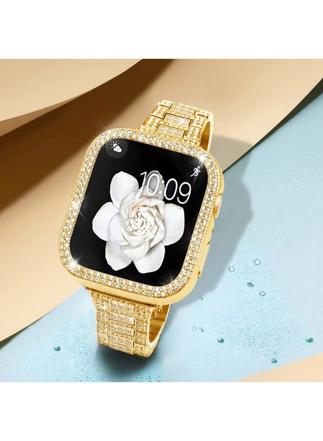 Mosonio Compatible with Apple Watch Band Series 9/8/7 41mm with Case Women, Bling Metal Wristband Strap with 2 Pack Bling PC Protective Cover for iWatch 41mm Series 9/8/7(41mm, Gold) - Image 2