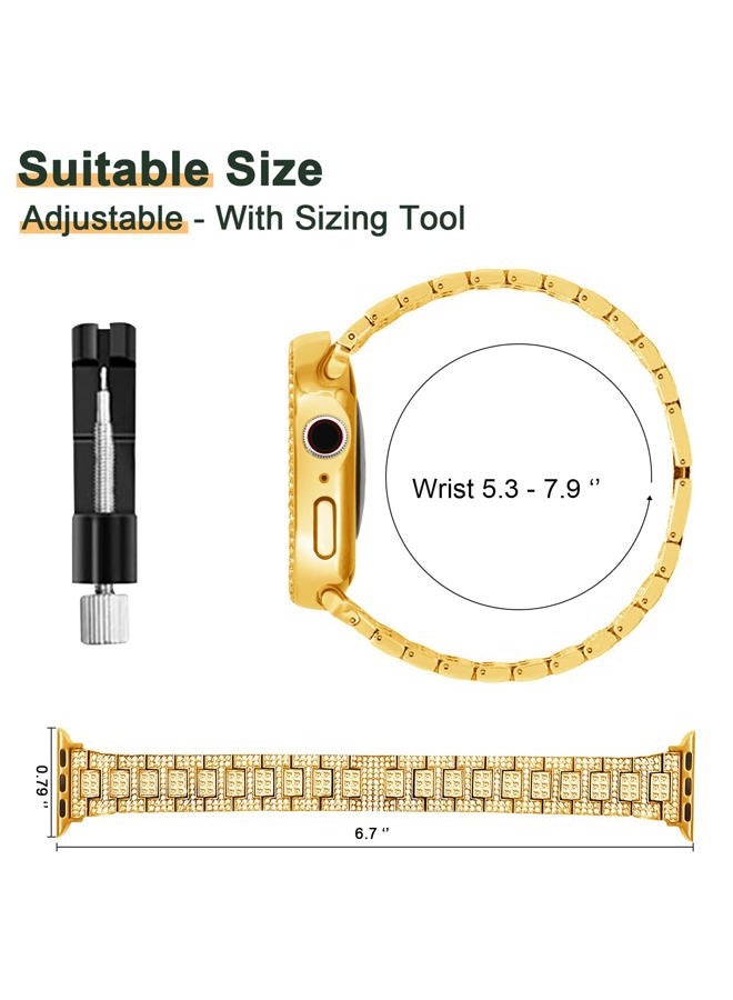 Mosonio Compatible with Apple Watch Band Series 9/8/7 41mm with Case Women, Bling Metal Wristband Strap with 2 Pack Bling PC Protective Cover for iWatch 41mm Series 9/8/7(41mm, Gold) - Image 5