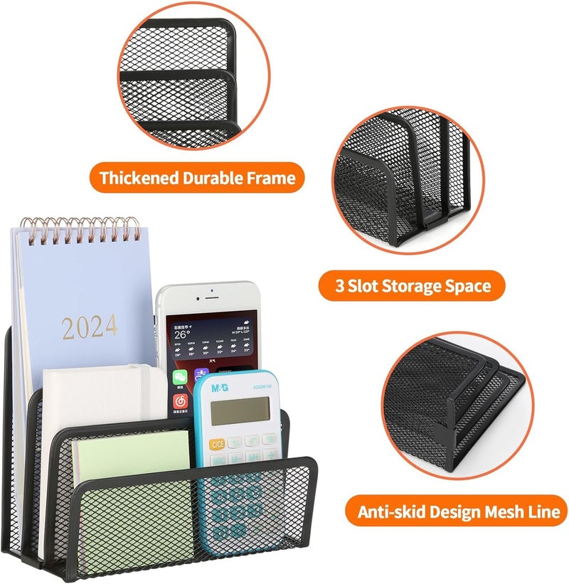 PRAMANTA Metal Mesh Organizer 3 Compartments Letter Paper File Storage Rack for Office and Home Document File Rack Holder Tray Organizer, Black, 17 * 7 * 13 cm (1Pcs) - Image 2