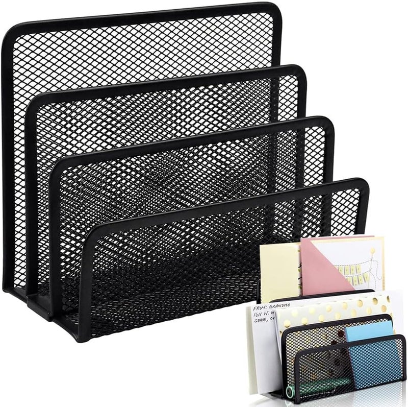 PRAMANTA Metal Mesh Organizer 3 Compartments Letter Paper File Storage Rack for Office and Home Document File Rack Holder Tray Organizer, Black, 17 * 7 * 13 cm (1Pcs) - Image 1