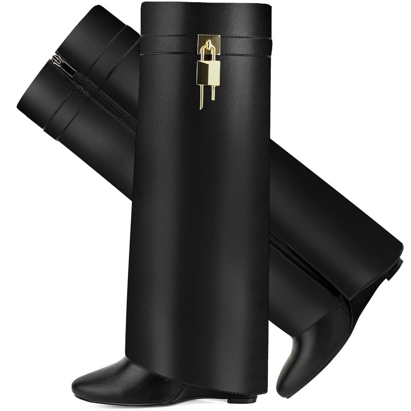 CDHYX Fold Over Boots for Women Pointy Pull-on Wedge Heel Knee Shark Boot With Side Zipper Padlock Design (Black 9) - Image 1