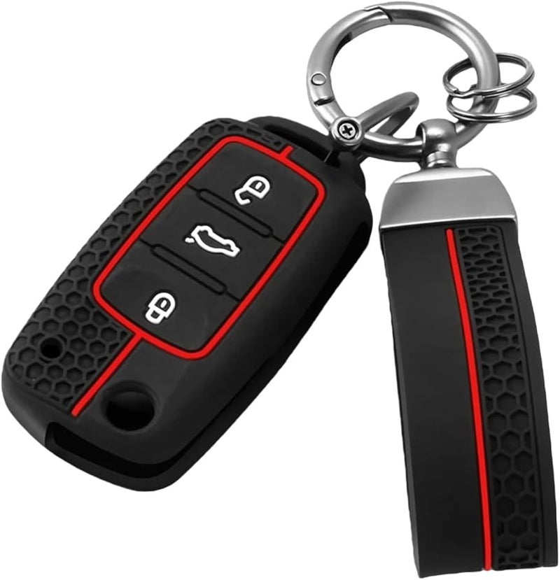 Red Leather Car Key Case Cover Compatible for Multiple Volkswagen Models - Image 1