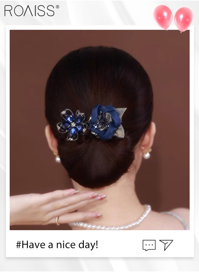 roaiss Bun Maker Crystal Flower Hair Clip Twist Headband Lazy Hair Styling Hairbands Ladies Banquet Accessories Hairstyle Stick for Long Hair Elegant Women Hairstyles, Black  - Image 2