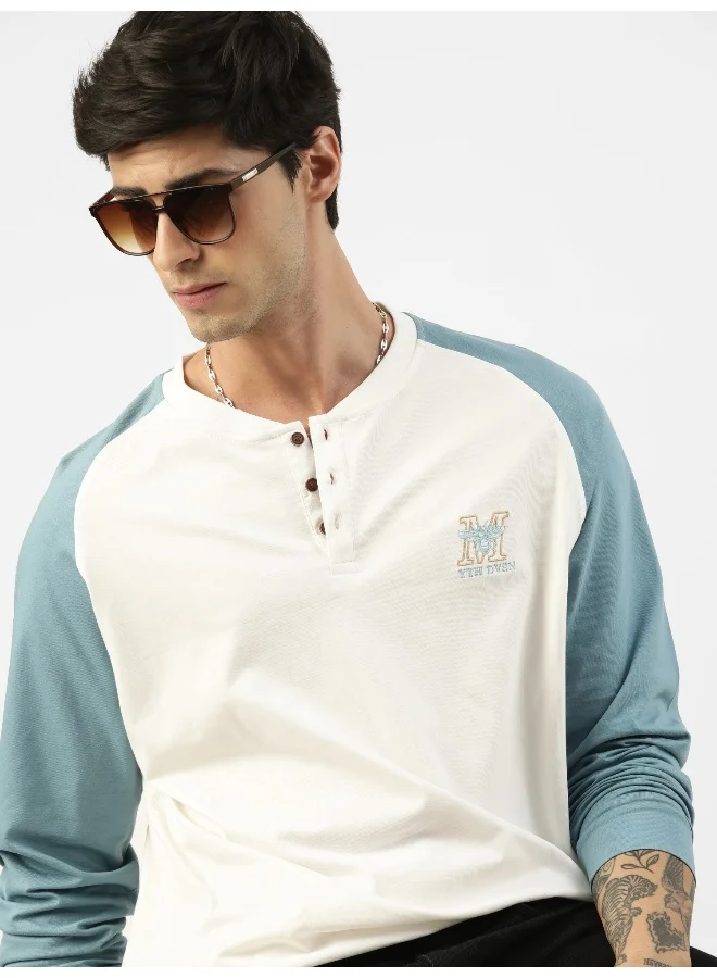 Maniac Mens Printed Round Neck Ragalan Full Sleeve White and Denim Blue Cotton Oversized Tshirt