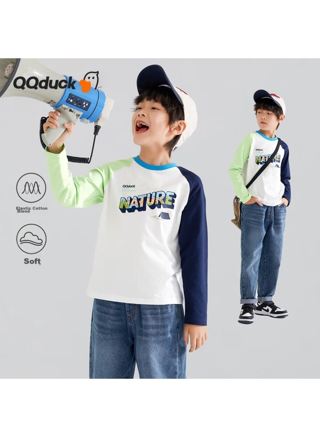 Qq Duck Children's Clothing, Boys' Long-sleeve T-shirt, Undershirt, Youth Wear, Three Colors： Navy Blue + Lime Green, Size 120 - Image 1