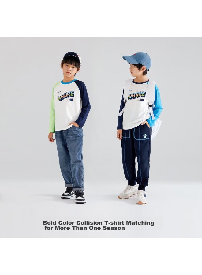 Qq Duck Children's Clothing, Boys' Long-sleeve T-shirt, Undershirt, Youth Wear, Three Colors： Navy Blue + Lime Green, Size 120 - Image 2