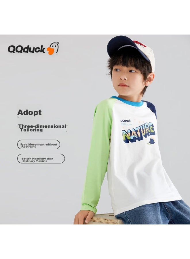 Qq Duck Children's Clothing, Boys' Long-sleeve T-shirt, Undershirt, Youth Wear, Three Colors： Navy Blue + Lime Green, Size 120 - Image 5