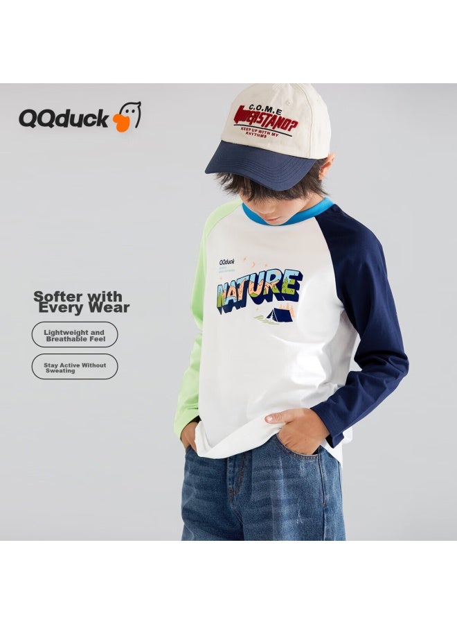 Qq Duck Children's Clothing, Boys' Long-sleeve T-shirt, Undershirt, Youth Wear, Three Colors： Navy Blue + Lime Green, Size 120 - Image 4