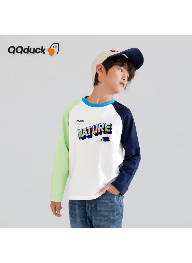 Qq Duck Children's Clothing, Boys' Long-sleeve T-shirt, Undershirt, Youth Wear, Three Colors： Navy Blue + Lime Green, Size 120 - Image 3