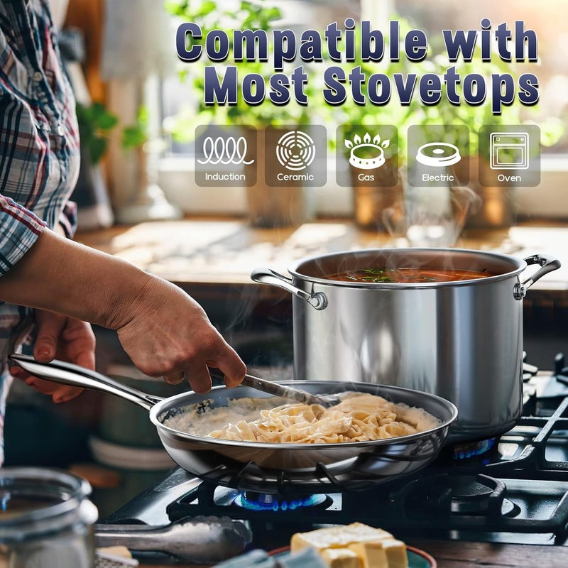 كوكس ستاندر مجموعة أدوات المطبخ من الفولاذ المقاوم للصدأ من Cooks Standard، 10 قطع، مجموعة طهي متعددة الطبقات كاملة التغطية من القدور والمقالي بمقابض باردة الملمس، آمنة للغسالة الصحون، آمنة للفرن حتى 500 درجة فهرنهايت، فضي - Image 3