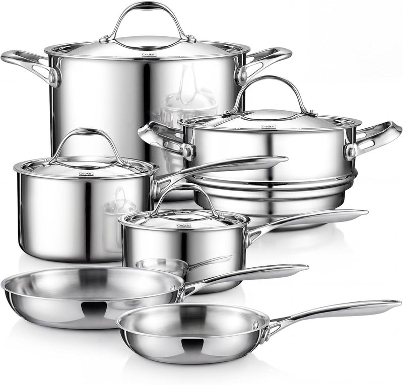 كوكس ستاندر مجموعة أدوات المطبخ من الفولاذ المقاوم للصدأ من Cooks Standard، 10 قطع، مجموعة طهي متعددة الطبقات كاملة التغطية من القدور والمقالي بمقابض باردة الملمس، آمنة للغسالة الصحون، آمنة للفرن حتى 500 درجة فهرنهايت، فضي - Image 1